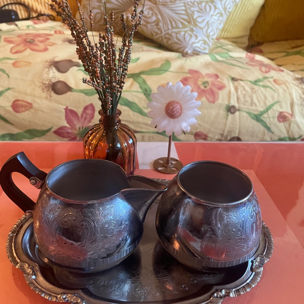Silver Floral Engraved Creamer and Sugar Set